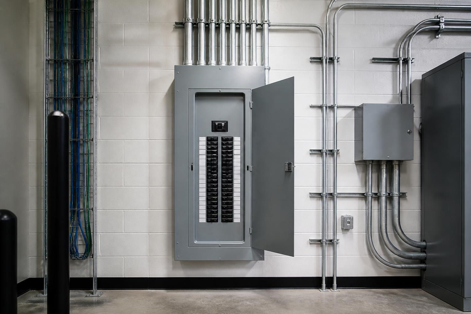 Clean commercial electrical room with organized conduit and equipment