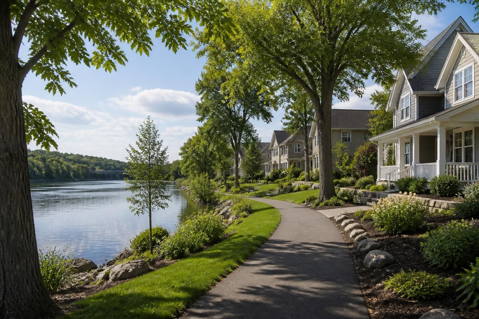 Riverside suburban neighborhood with well-kept homes in Elk River