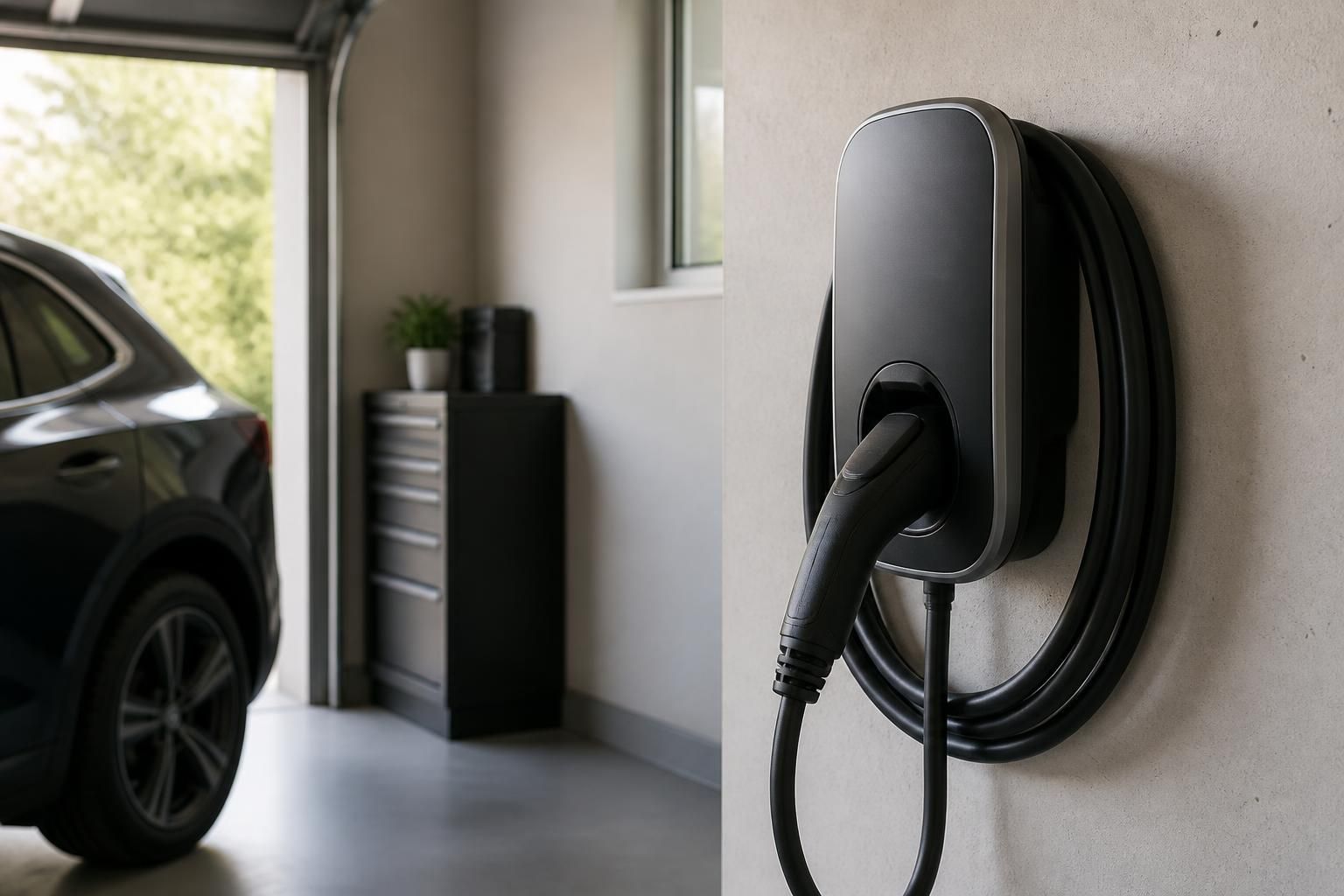 Wall-mounted EV charger installed in a clean residential garage