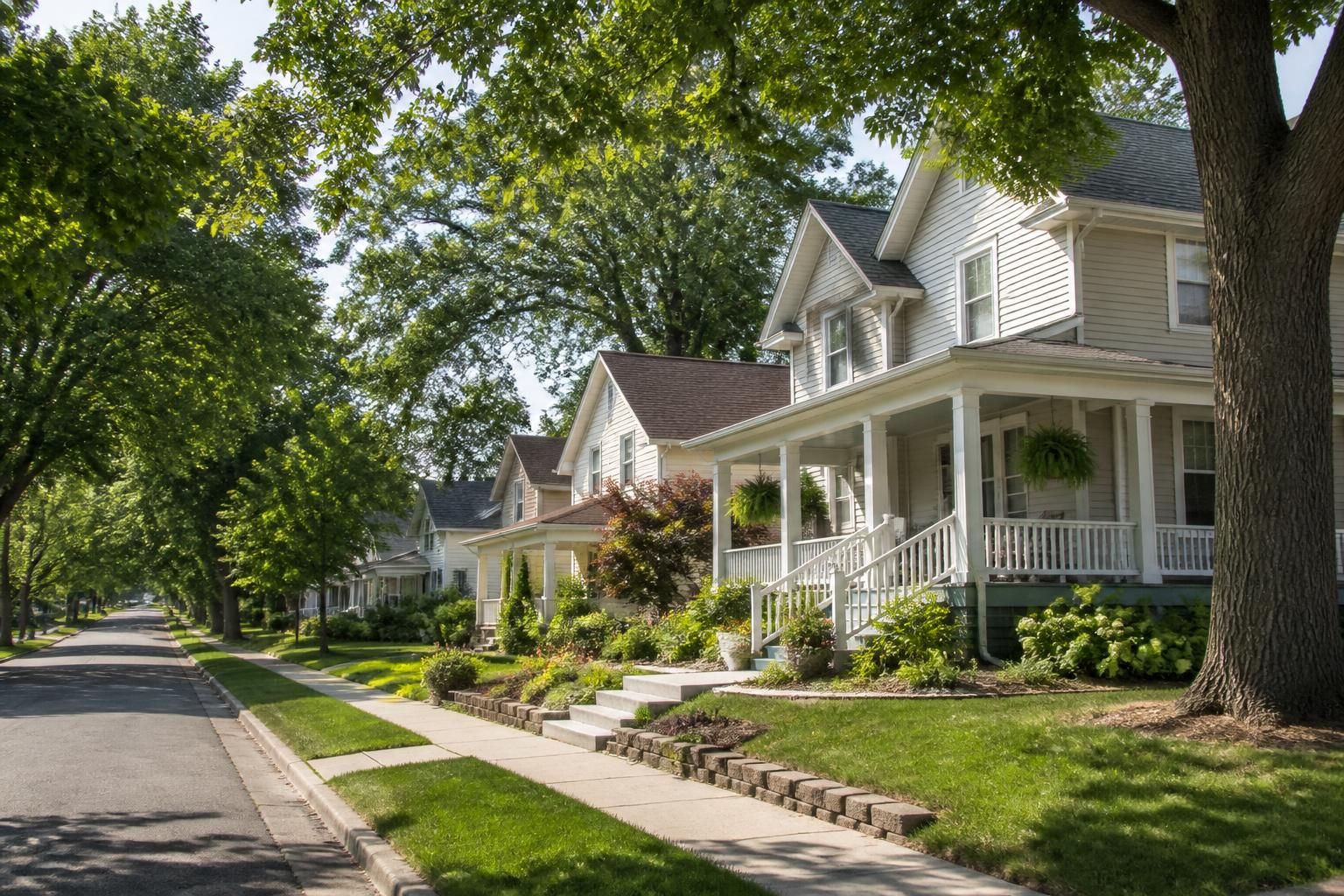 Tree-lined neighborhood with well-maintained houses in Monticello