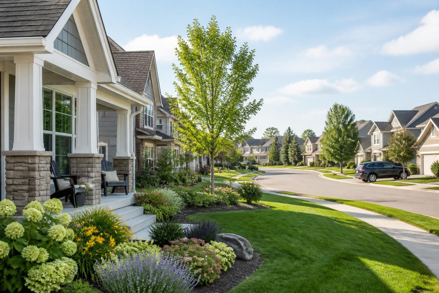 Landscaped suburban homes along a calm street in St. Michael